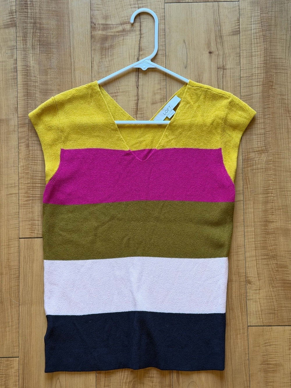 LOFT Colorblock Knit Sweater Top Women’s Small Cap Sleeve V-Neck Pink Mustard